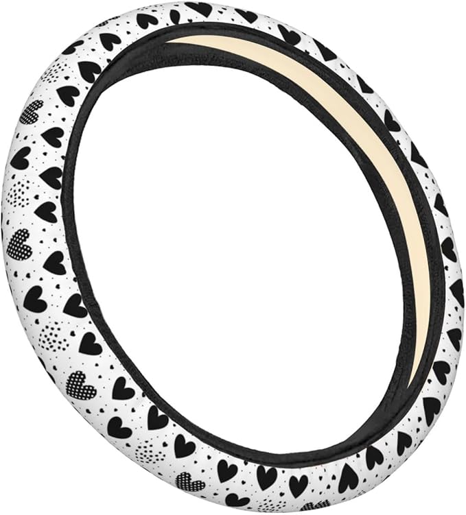 White Black Hearts Polka Dots Love Steering Wheel Covers Anti-Slip Elasticity Car Accessories Steering Wheel Protector Universal 15 Inch for Cars SUV Vehicle Truck