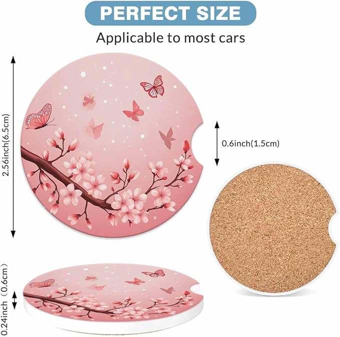 Pink Cherry Blossom Car Coasters for Cup Holders Car Cup Holder Coasters 2 Pack for Car, Anti Slip Ceramic Car Cup Mat with Finger Notch Cute Car Interior Accessories for Women Men
