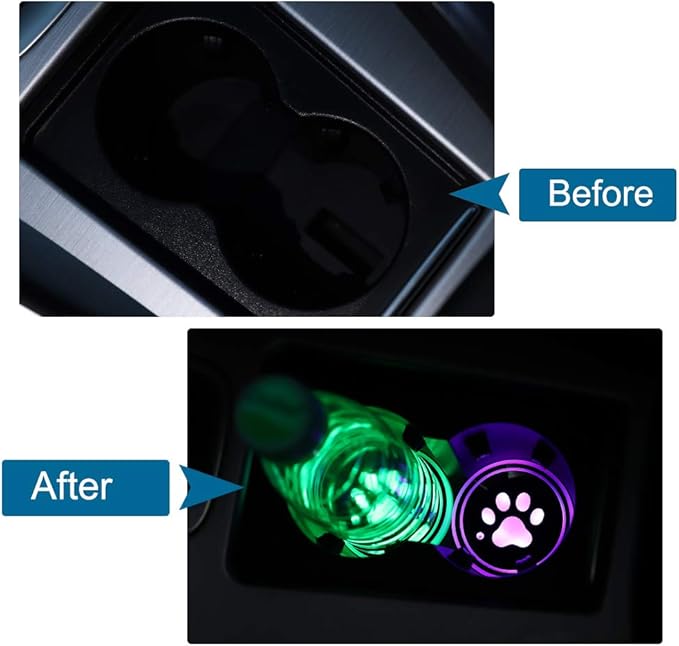 ACODABLEM 2 Pack LED Cup Holder Lights, Dog Paw Car Coaster with 7 Colors Changing USB Charging Mat, Luminescent Cup Pad Interior Atmosphere Lamp Decoration Light (Multi)
