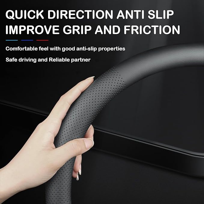 Tricolor Stripes Car Steering Wheel Cover,14.5-15 Inch Universal Nappa Leather 3D Mesh Covers Breathable Anti-Slip Odorless Steering Wheels Accessories for Men Women
