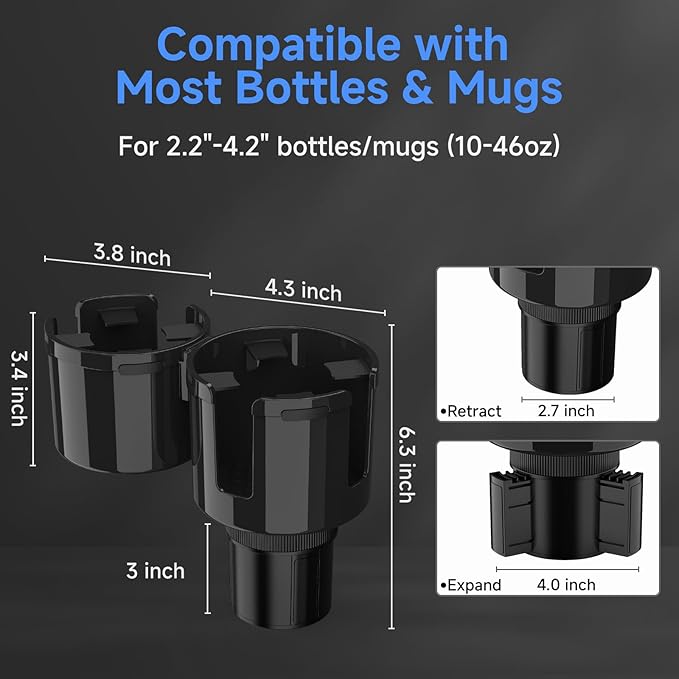 DYLEN Car Cup Holder Expander, 2 in 1 Cup Holder Adapter Extender for Car with Expandable Insert, Fits Yeti, Hydroflask and Other Large Water Bottles & Mugs in 2.2"-4.6" (10-46oz)