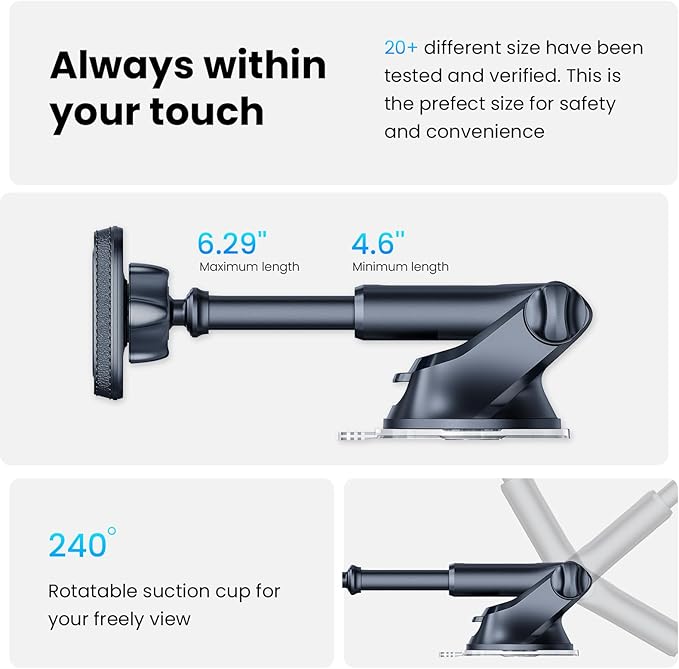 APPS2Car Magnetic Phone Mount for Car, Dashboard & Windshield Suction Cup Holder with Telescopic Arm, Requires Metal Plate (Included), Universal Fit for iPhone & Android Smartphones