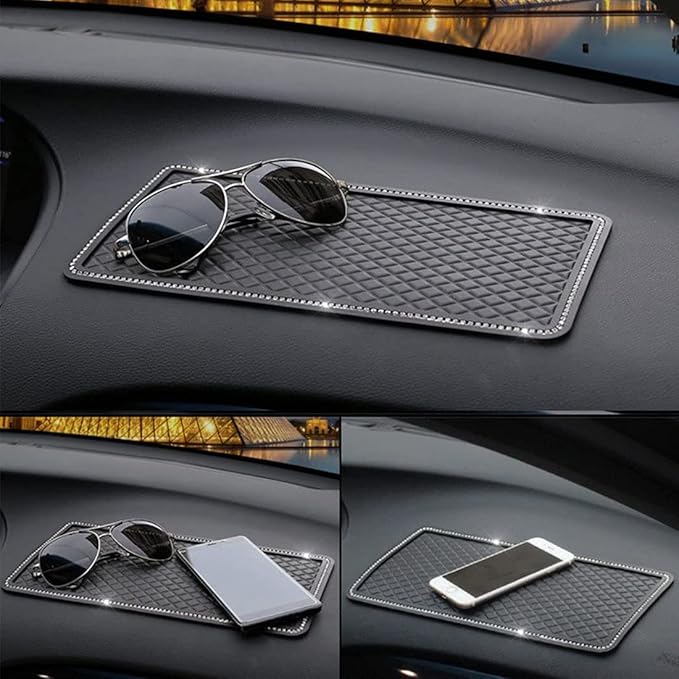 Anti-Slip Car Dash Grip Pad for Cell Phone, Keychains, Sun Glasses,Stand,New Handmade Crystal Rhinestone Mat for Navigation Cell Phone 11.5 x 6 inch (Black)