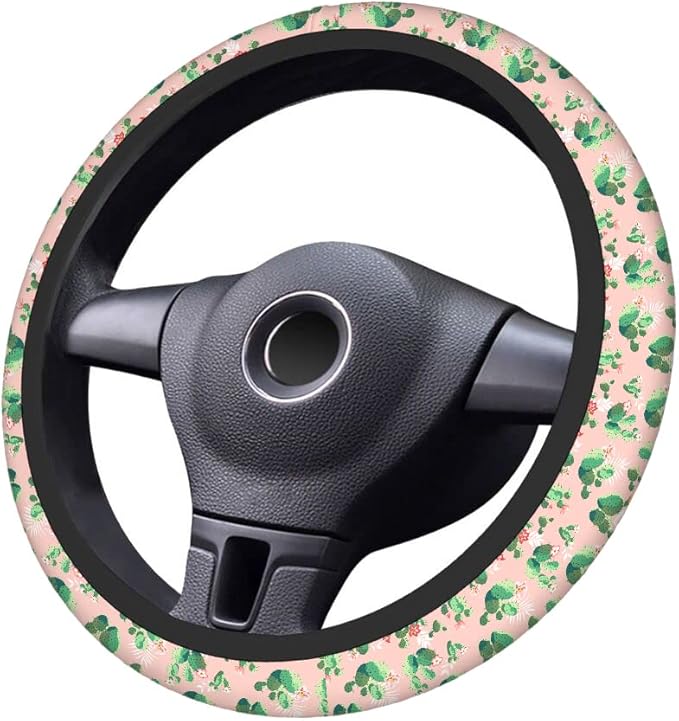 Swono Green Cactus Steering Wheel Cover Cute Prickly Pear Cactus Print Pattern On Pink Universal 15 Inch Auto Car Steering Wheel Covers SUV Anti Slip Wheel Wrap Protector for Men Women