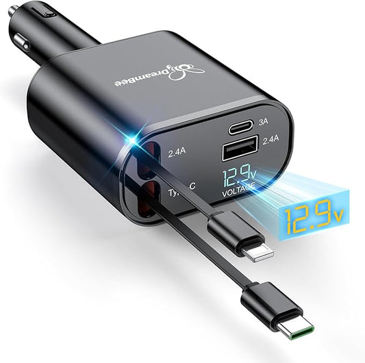 DreamBee Retractable Car Charger,66W 4 in 1 Super Fast Charge Car Phone Charger,Retractable Cables (31.5 inch) and 2 USB Ports Car Charger Adapter for iPhone 17/16/15/14/13/12 Pro Max XR,iPad,Samsung