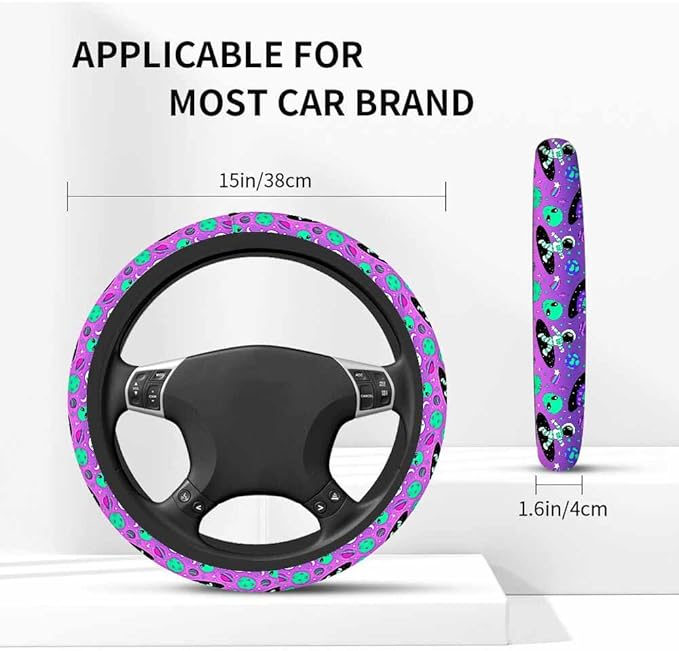 Astronauts and Aliens Car Steering Wheel Cover Travel and Exploration in Space Steering Wheel Cover Car Decor Suitable for Most Vehicles Including Trucks and SUV