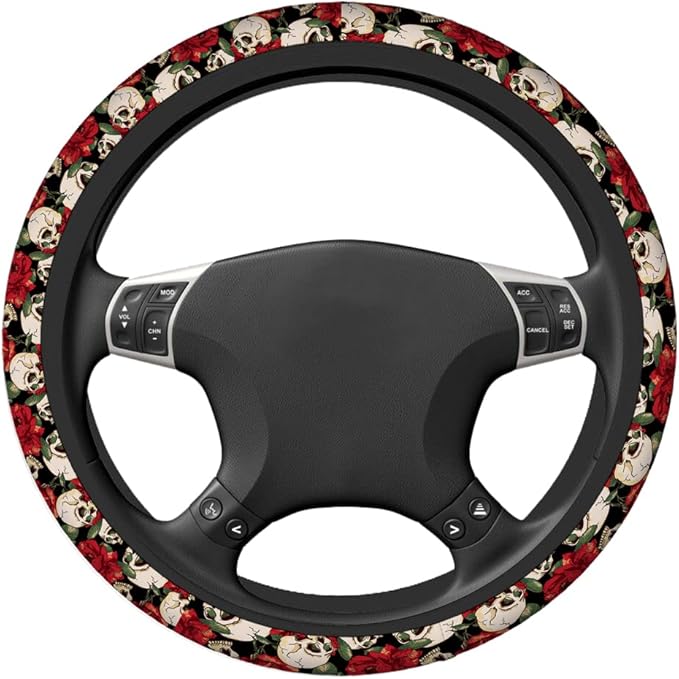 Swono Red Flower and Skull Steering Wheel Covers 15" Inch Skull and Flowers Day of The Dead Universal Fit Most Car Sedans SUVs Comfort Grip Comfortable Neoprene Breathable Steering Wheel Protector
