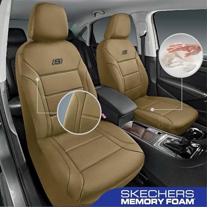 Skechers Memory Foam Car Seat Covers,Lycra Fabric Seat Covers, Car Seat Covers Front Seats Airbag Compatible, Automotive Comfort Protection for Most Cars,Trucks, SUVs(Brown)