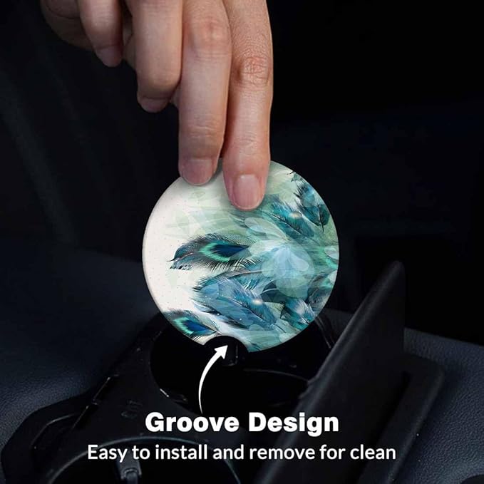 Peacock Feather Car Coasters for Cup Holders Elegance Birds Wings Car Cup Holder Coasters 2 Pack for Car, Anti Slip Ceramic Car Cup Mat with Finger Notch Cute Car Interior Accessories for Women Men