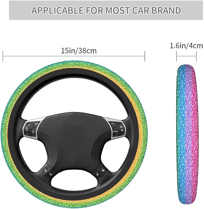 Swono Steering Wheel Covers Rainbow Glitter Shining Colorful Rainbow Gradient Sparkle Glitter Non Slip Neoprene Car Wrap Cover Comfort Grip Stretch-On Automotive Steering Wheel Protector 15 Inch