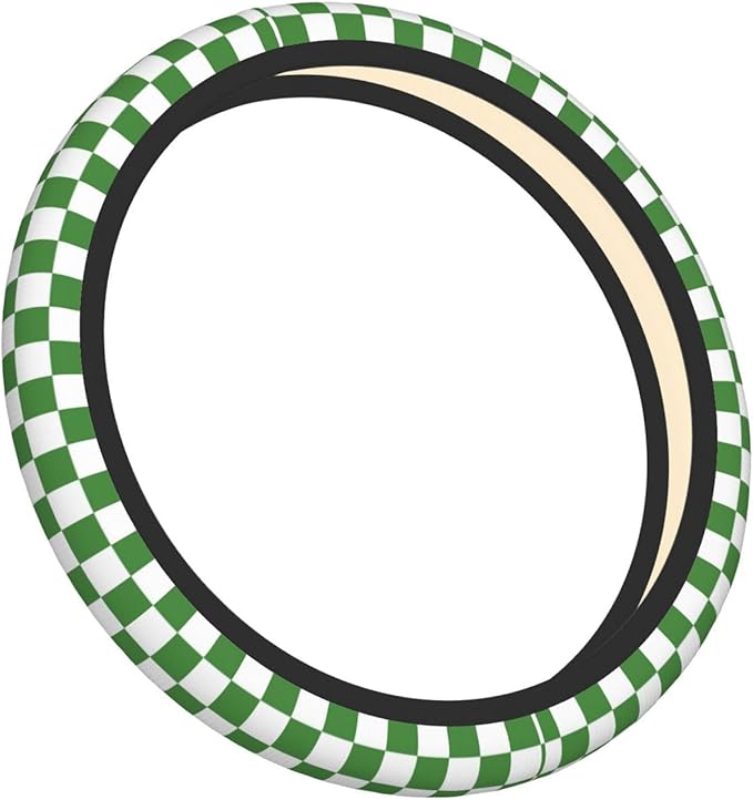 Green and White Checkered Steering Wheel Cover for Women, Universal Auto Steering Wheel 14-15 Inch Car Interior Accessories with 2PCS Car Coasters, Suitable for Men and Women