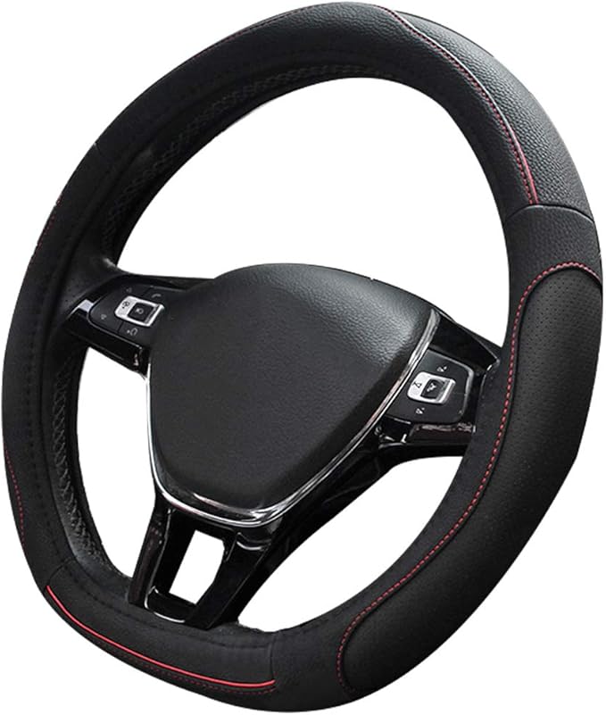 Universal 15 inch D-Type PU Leather Steering Wheel Cover, D-Type,Breathable, Anti-Slip, Odorless (Red-Black)
