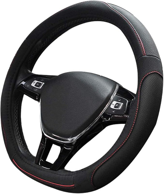 Universal 15 inch D-Type PU Leather Steering Wheel Cover, D-Type,Breathable, Anti-Slip, Odorless (Red-Black)