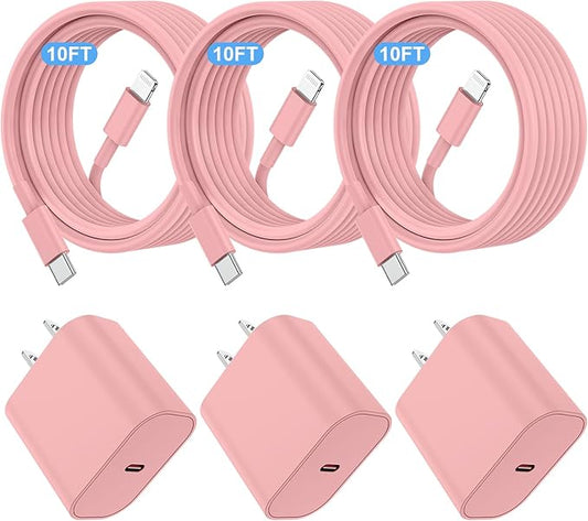i Phone Charger Fast Charging 10 FT, 3-Pack 20W PD USB C Block with i Phone 14 13 Charger Cable 10 Foot, Compatible with iPhone 14 Pro 13Pro Max 12 11Pro Mini - Pink