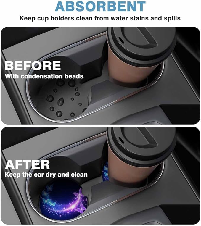 Purple Blue Butterfly Car Cup Holder Coaster 2 Pack Absorbent Ceramic Car Coasters for Cup Holders Car Accessories Interior for Women Men Universal Anti Slip Cork Base Cup Coasters with Finger Notch