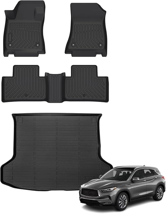 Floor Mats & Cargo Liner for Infiniti QX50 2019-2025 /QX55 2022-2025, All Weather Automotive TPE Floor Liners Set Waterproof Accessories Black