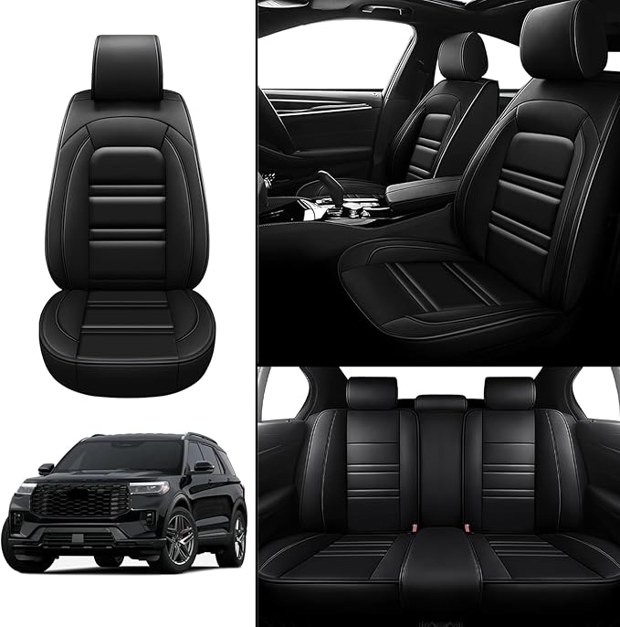 Seat Covers for Ford Explorer 2011-2025 | 5-Seats Leather Seat Covers, Easy to Install Automotive Seat Covers Full Set (Full Set, Black)