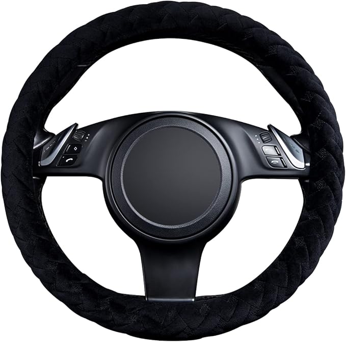 Flying Banner car Steering Wheel Cover Soft Velvet Warm Universal Size 15 inches SUV Truck Anti Slip Odorless Summer Winter (Black, Velvet Massage)