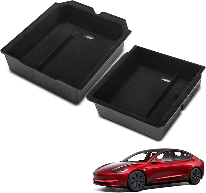 YHTAUTO Center Console Organizer Tray Armrest Drawer Organizer Fit 2024 2025 Tesla Model 3 Highland, Center Console Tray Armrest Hidden Storage Box Flocking Interior Accessories 2PCS