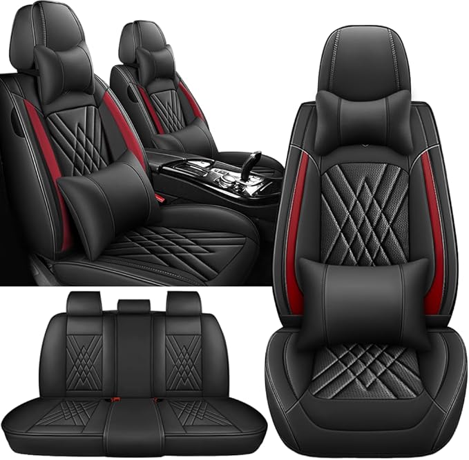 Seat Covers Fit for Subaru Crosstrek 2016-2026 Nappa Leather Waterproof Breathable Car Seat Cover, Easy to Install Airbag Compatibility, Auto Interior Accessories(Full Set with Pillow, Black Red)
