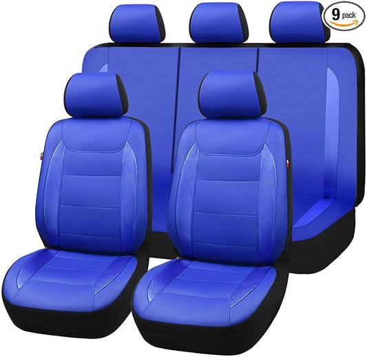 Flying Banner car seat Covers Protects Water Proof Faux Leather Carbon Fiber Fronts Rear Bench Covers (Blue Blue, Full Set - 8PCS)