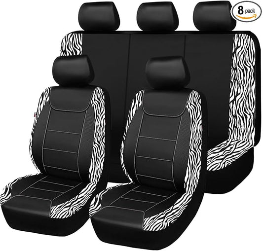 Flying Banner car seat Covers Protects Zebra Printing Velvet Faux Leather Carbon Fiber Front and Rear Bench Full Set (Zebra Black, Full Set - 8PCS)
