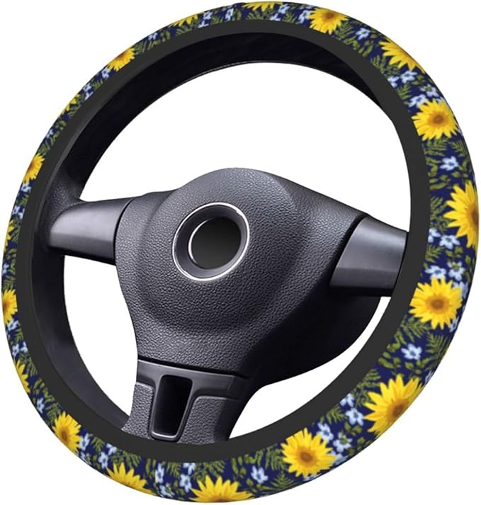 Sunflower Steering Wheel Cover with 2 Car Coasters Non Slip Neoprene for Women Men Universal 15 Inch