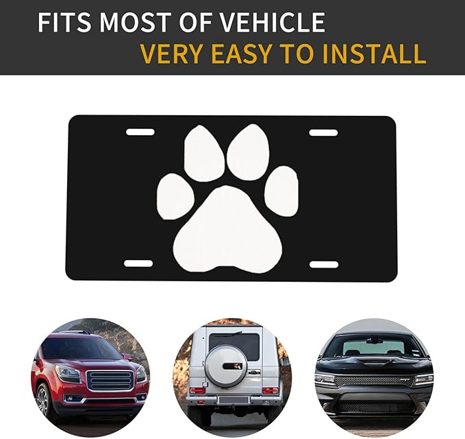 White Dog Paw Footprint Front License Plate Aluminum Decorative License Plates Funny Metal Car Plate 6"X12" Novelty Vanity Tag Cover with 4 Holes Car Decor Accessory