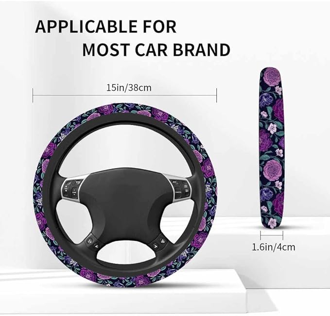 Peony Car Steering Wheel Cover Purple Flowers and Green Leaves Steering Wheel Cover Car Decor Suitable for Most Vehicles Including Trucks and SUV