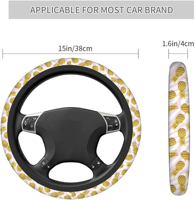 Swono Pineapple Car Neoprene Steering Wheel Cover Trendy Animal Print and Gold Pineapple 15 Inch Anti-Slip Wheel Wrap Case Protector for SUV Sedan Vans Trucks