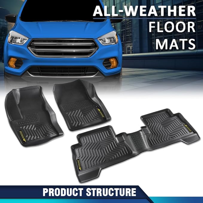 PIT66 Floor Mats Cargo Liners Compatible with Ford Escape 2013-2019, Fit Ford C-Max 2013-2018 (Heavy Duty) 3-Piece Premium All Weather Automotive TPE Liners