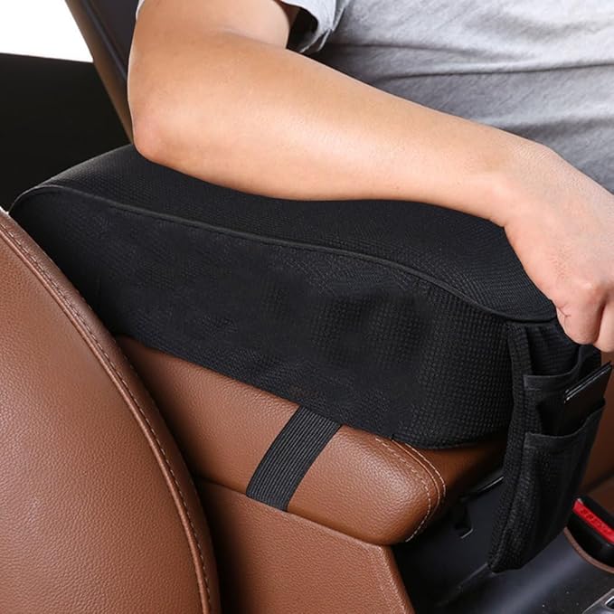 Auto Center Console Armrest Pillow Pad, Car Armrest Cushion Soft Memory Foam with Phone Holder Storage, Pockets Bag Seat Cushion Universal Fit for Most Car (Black)