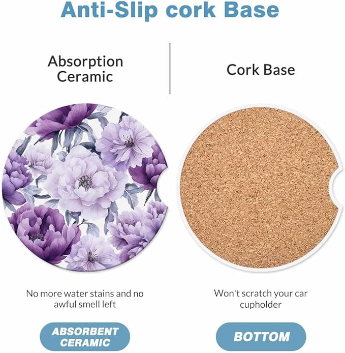Purple Flower Car Coasters for Cup Holders Car Cup Holder Coasters 2 Pack for Car, Anti Slip Ceramic Car Cup Mat with Finger Notch Cute Car Interior Accessories for Women Men