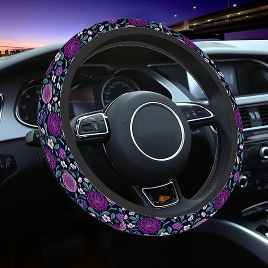 Peony Car Steering Wheel Cover Purple Flowers and Green Leaves Steering Wheel Cover Car Decor Suitable for Most Vehicles Including Trucks and SUV