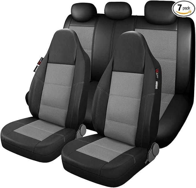 P&J AUTO Leather and Mesh High Back Car Seat Cover Full Set Integrated Bucket Seat Airbag Compatible (Grey)