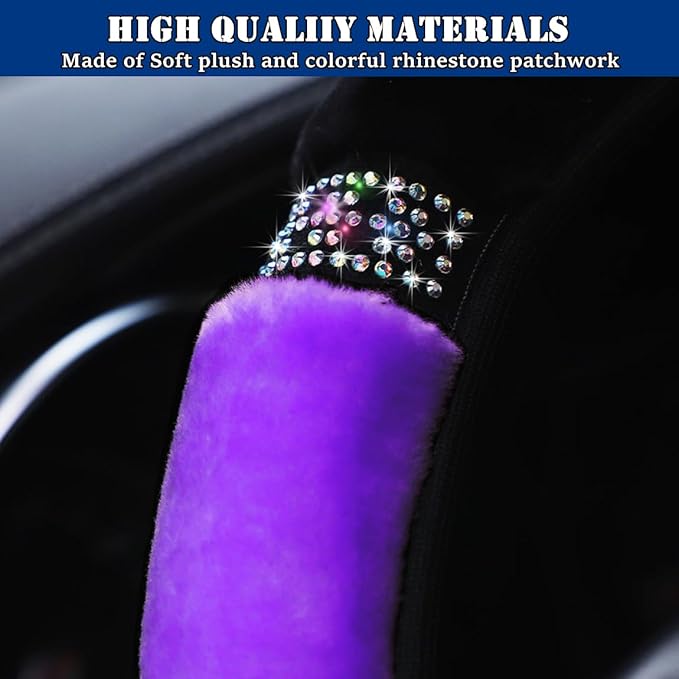 Fluffy Steering Wheel Cover, Universal 15 Inch Colorful Rhinestones Car Steering Wheel Cover, Sparkly Crystal Diamond Steering Wheel Protector for Women Girls,Purple