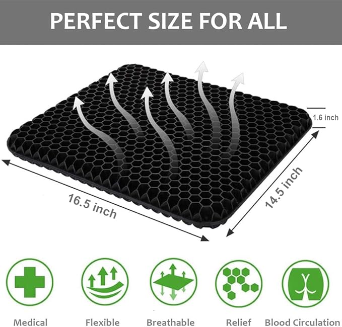 Gel Seat Cushion for Long Sitting Pressure Relief - Wheelchair Cushions for Pressure Sores - Coccyx, Sciatica & Tailbone Pain Relief Cushion - Non-Slip Butt Pillow for Office, Home, Car (Black)