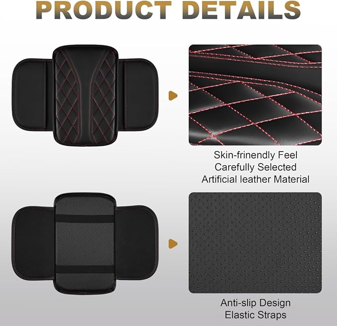 YORKNEIC Center Console Cover Fit for Ford Bronco,Upgraded Faux Leather Car Armrest Cover with 2 Storage Bags,Anti-Scratch/Wear-Resistant/Waterproof Car Armrest Cushion Protector(Black&Redline)