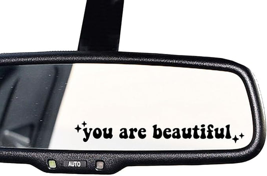 2 x You Are Beautiful Car Mirror Decal, Rearview Mirror Sticker, Women Car Decor, Self Affirmation Car Decal, Car Mirror Sticker, Cute Car Decal, Positivity Sticker (Black)