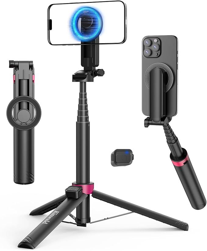 57" Phone Tripod Stand with Remote, Strong Magnetic Selfie Stick for iPhone Android, Portable Travel Tripod for Video Recording Vlog (Black)