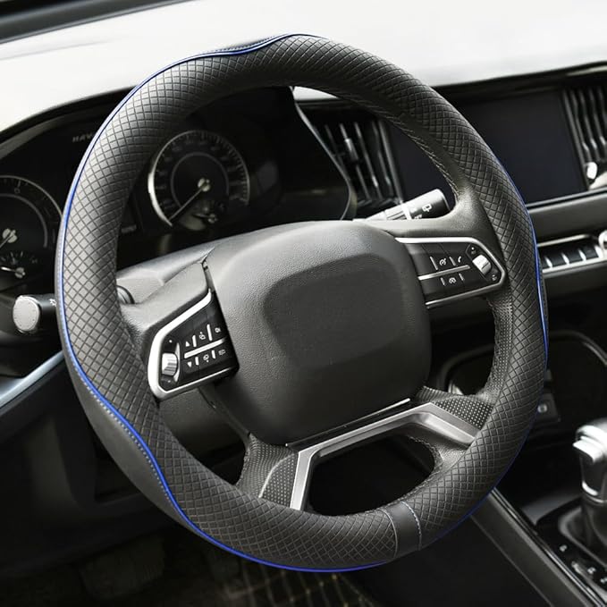 Rueesh Microfiber Leather Steering Wheel Cover Anti-Slip Matte Finish Auto Car Wheel Cover Universal 15 Inch Wheel Cover for Car Embossing Pattern Blue Line
