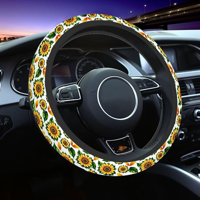 Watercolor Sunflower with Yellow Petals and Green Leaves Steering Wheel Cover Steering Wheel Cover Women Men Anti-Slip Breathable Steering Wheel Protector Car Accessories
