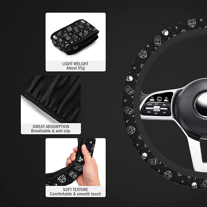 Gothic Skull Cat Steering Wheel Cover for Women, Cute Breathable Anti Slip Stretch Neoprene Car Protector Accessories Universal 15 Inch-Black (Tarot, Spell Book)