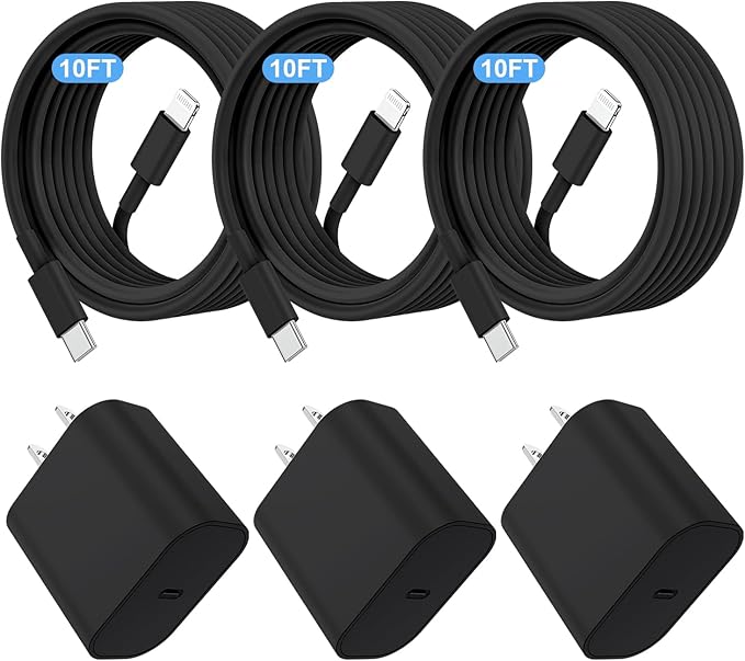 i Phone Charger Fast Charging 10 FT, 3-Pack 20W PD USB C Charger Block with i Phone 14 13 Charger Cable 10 Foot, Compatible with iPhone 14 Pro 13Pro Max 12 11Pro Mini - Black