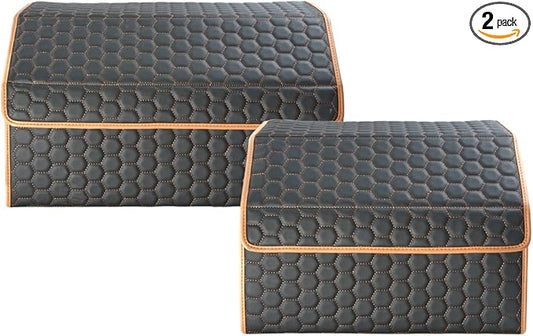 Owleys Rear Cargo Organizer For SUV | Set Of 17.7" & 21.6" Eco-Leather Crates | Foldable Car Storage With Magnetic Lids | Durable Car Trash Bin & Tote | Stylish Gifts For Boyfriend | Black-Brown