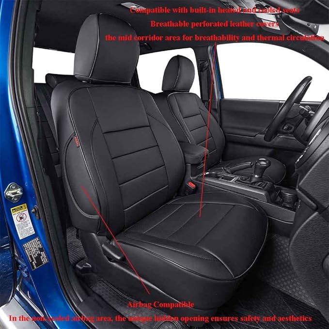EKR Custom Fit Tacoma Front Car Seat Covers for Select Toyota Tacoma 2016 2017 2018 2019 2020 2021 2022 2023 Double Cab/Access Cab - Front Row Only, Leather (Black)