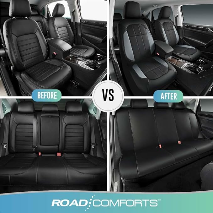 Road Comforts Car Seat Covers, Breathable Leather Seat Covers, Car Seat Covers Full Sets Airbag Compatible, Automotive Seat Covers for Most Cars, Vans, Trucks, SUV - Gray