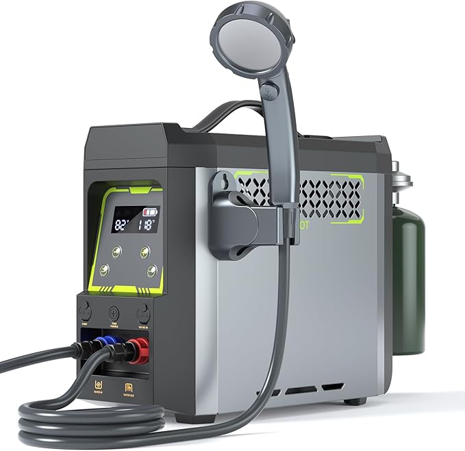 Portable Water Heater, Propane Water Heater with Shower Pump, Max 100 Mins 3s Instant Hot 20,000 BTU, 4000mAh Rechargeable Built-in Battery for Outdoor Cleaning, Camping, Hunting, Hiking