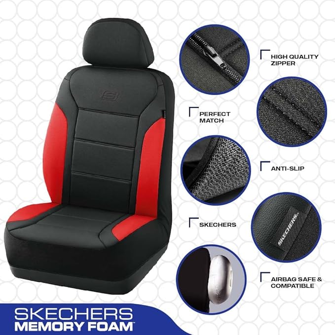 Skechers Memory Foam Car Seat Covers, Lycra Fabric Seat Covers &Thick Memory Foam, Car Seat Cover Full Sets, Airbag Compatible, Automotive Comfort Protection for Most Cars,Trucks, SUVs, Red