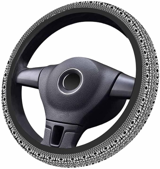 Thai Elephant Steering Wheel Cover Intricate Black and White Design Steering Wheel Cover for Women Men Anti-Slip Breathable Steering Wheel Protector Car Accessories